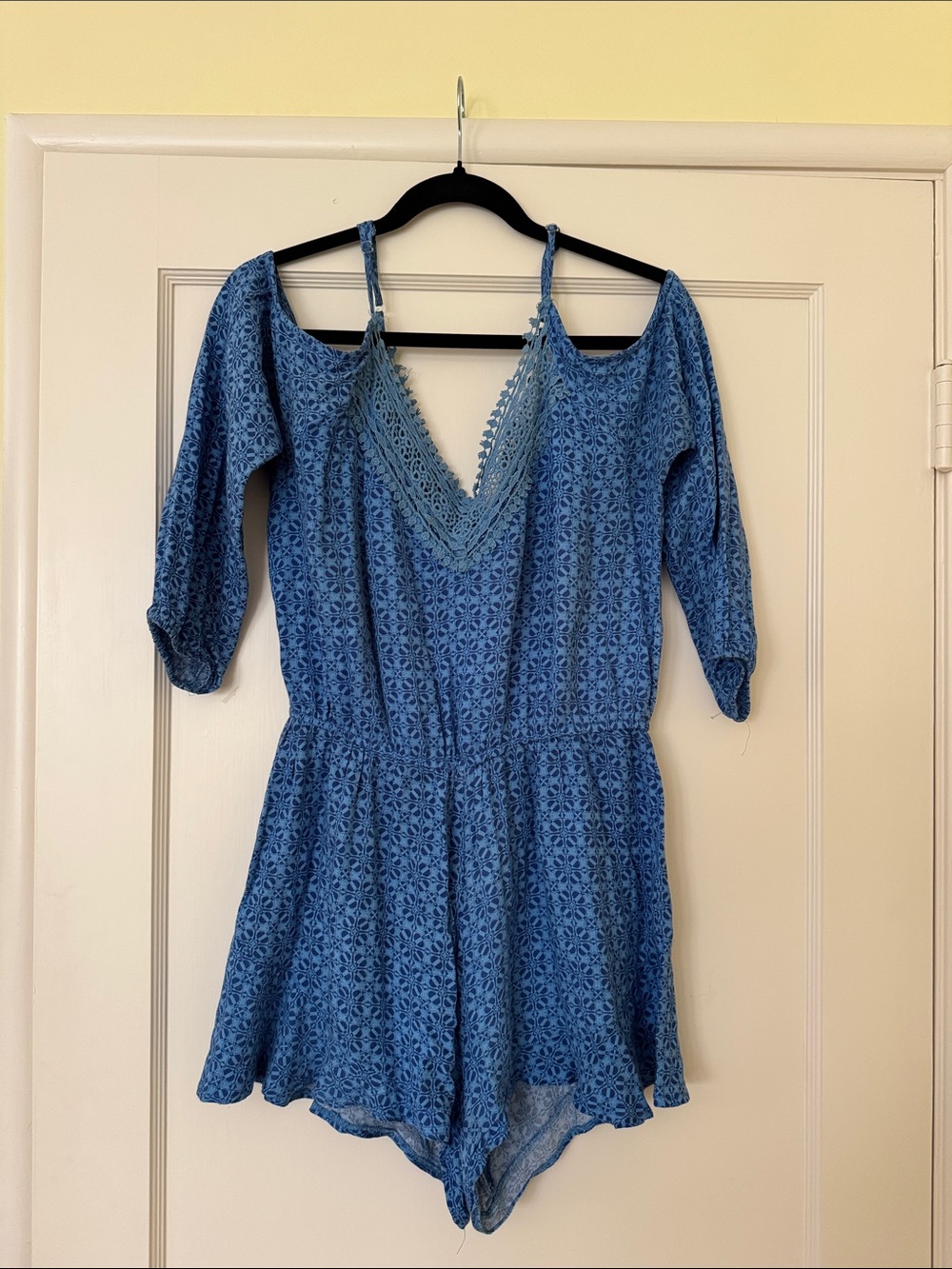 American Rag Blue Lace Long Sleeve Cold-Shoulder Romper